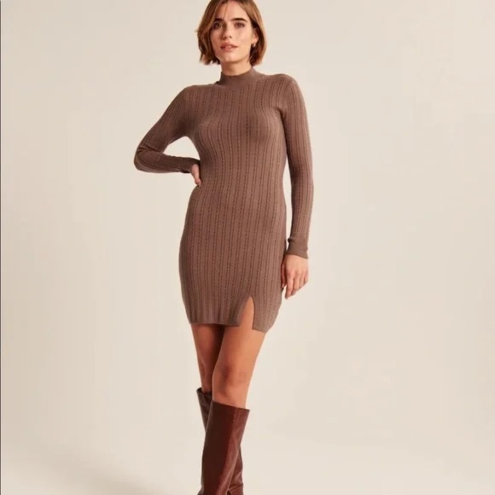 Abercrombie & Fitch Mockneck Cable Knit Sweater Mini Dress Taupe XXS